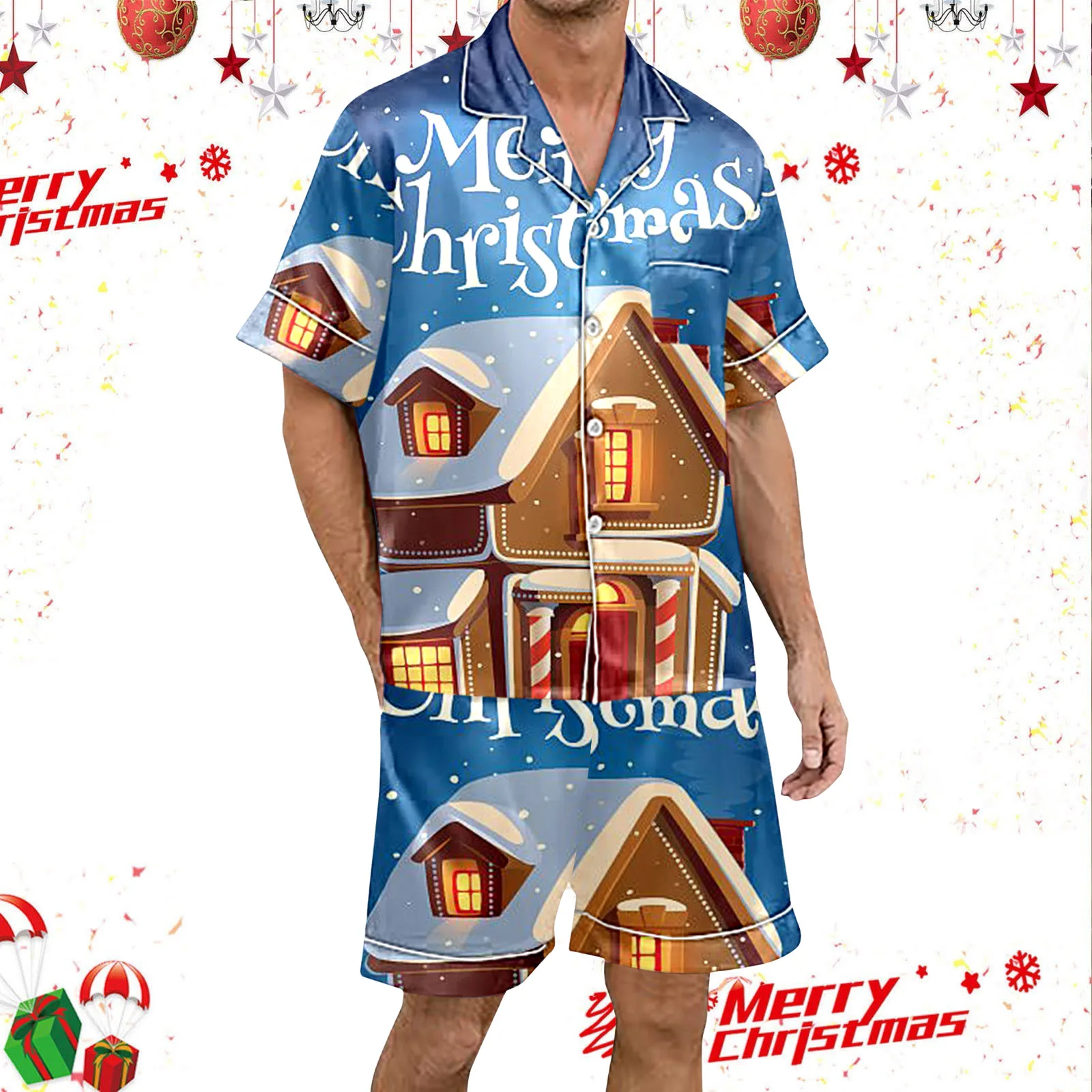 Christmas Men\'S Pajama Set Short Sleeve & Shorts Santa Gradient Print Pajama Sets For Men 2 Piece Plus Size пижама женская