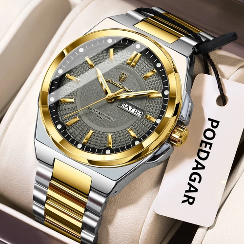 POEDAGAR, relojes originales superiores para hombre, reloj luminoso resistente al agua de acero inoxidable para hombre, reloj de pulsera clásico de cuarzo con fecha y semana para hombre