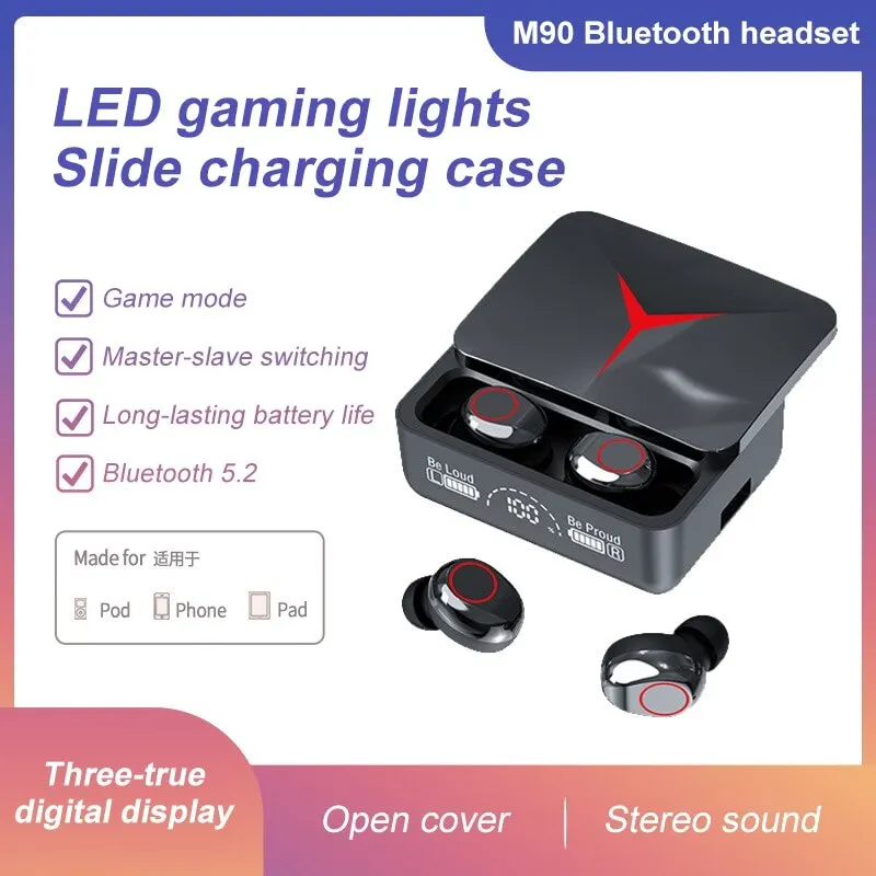 M90 Bluetooth Earphones Slide Cover Charging Case Led Gaming Lights 3D Sound Long Battery Life Game Mode Instant Connection