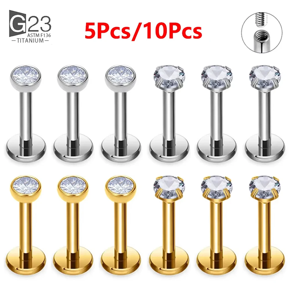 5/10Pc ASTM F136 G23 Ttiani Piercing Labret Lip Stud 2/2.5/3/4mmCZ 16G Gwint wewnętrzny Stud Ucho Tragus Chrząstka Helix Biżuteria