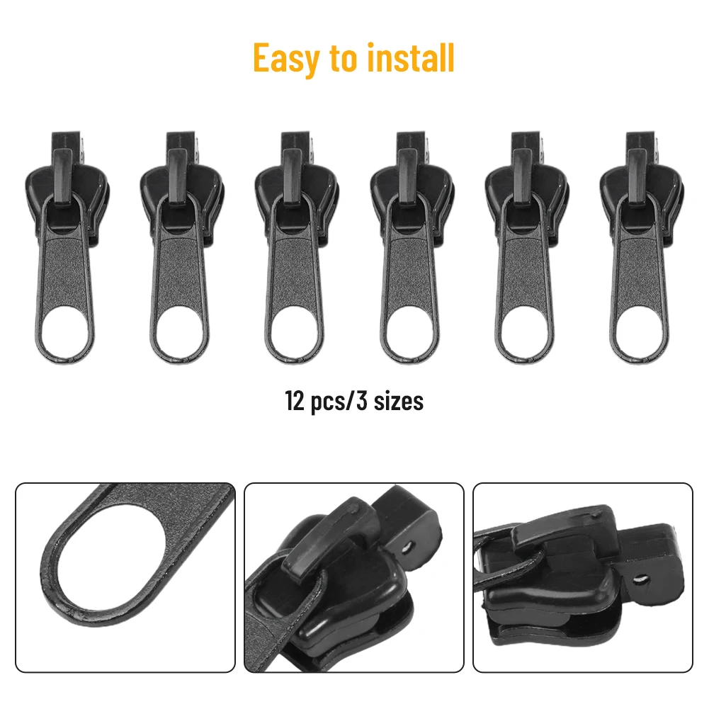 Zip Slider Replacement 3 Sizes 12Pieces No Tools Universal Zip Fixers Zip Repair Detachable Zipp Er Pulls Tab Fixer Black