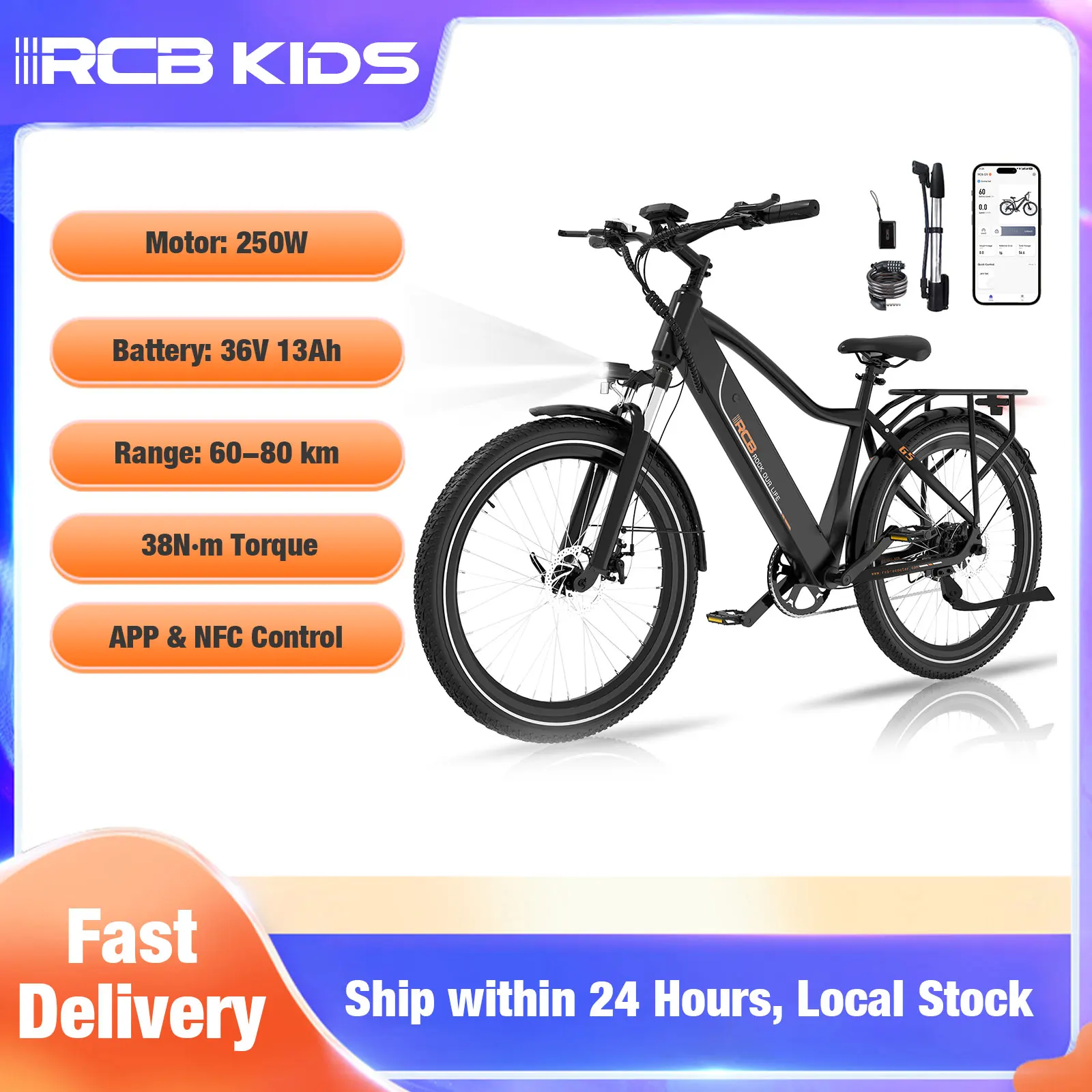 Stadt-E-Bike Pedelec Elektrofahrrad G5 25km/h 250W 60-80km Reichweite IP54 Wasserdicht Doppel-Scheibenbremse 27,5 Zoll für Erwachsene RCB KIDS