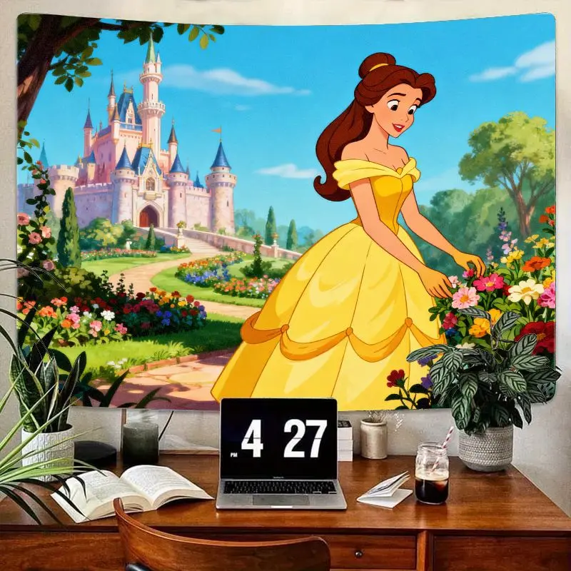 

1PC Disney Princess Belle Castle Garden Tapestry, Beauty & Beast Wall Art, Modern Polyester Room Decor Gift for Girls