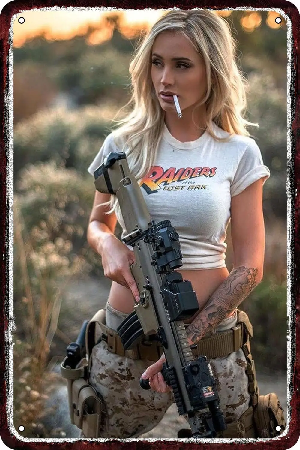 Metallschilder: Pin-up-Girl mit Gewehr, sexy nackte Raucherinnen-Soldaten – Vintage-Blechschilder, lustige Kunst-Wanddekorationen für Zuhause