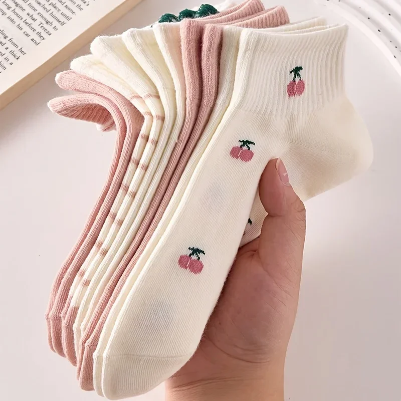 5/10 Paar Damensocken mit niedlichem rosa Kirsch-Erdbeer-Kaninchen-Muster, bequemes, atmungsaktives, lässiges Design, geeignet für alle Jahreszeiten – Detail 4