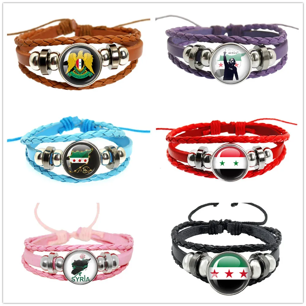 Syria National Flag Leather Bracelet For Men And Women Vintage Handmade Multi layer Class Cabochon Leather Bracelet Gift Jewelry