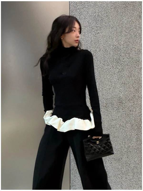 

Черный вязаный топ с высоким воротником и длинными рукавами для женщин, осенне-зимний, облегающий, базовый слой, повседневный стиль, мягкая ткань, полувысокий воротник