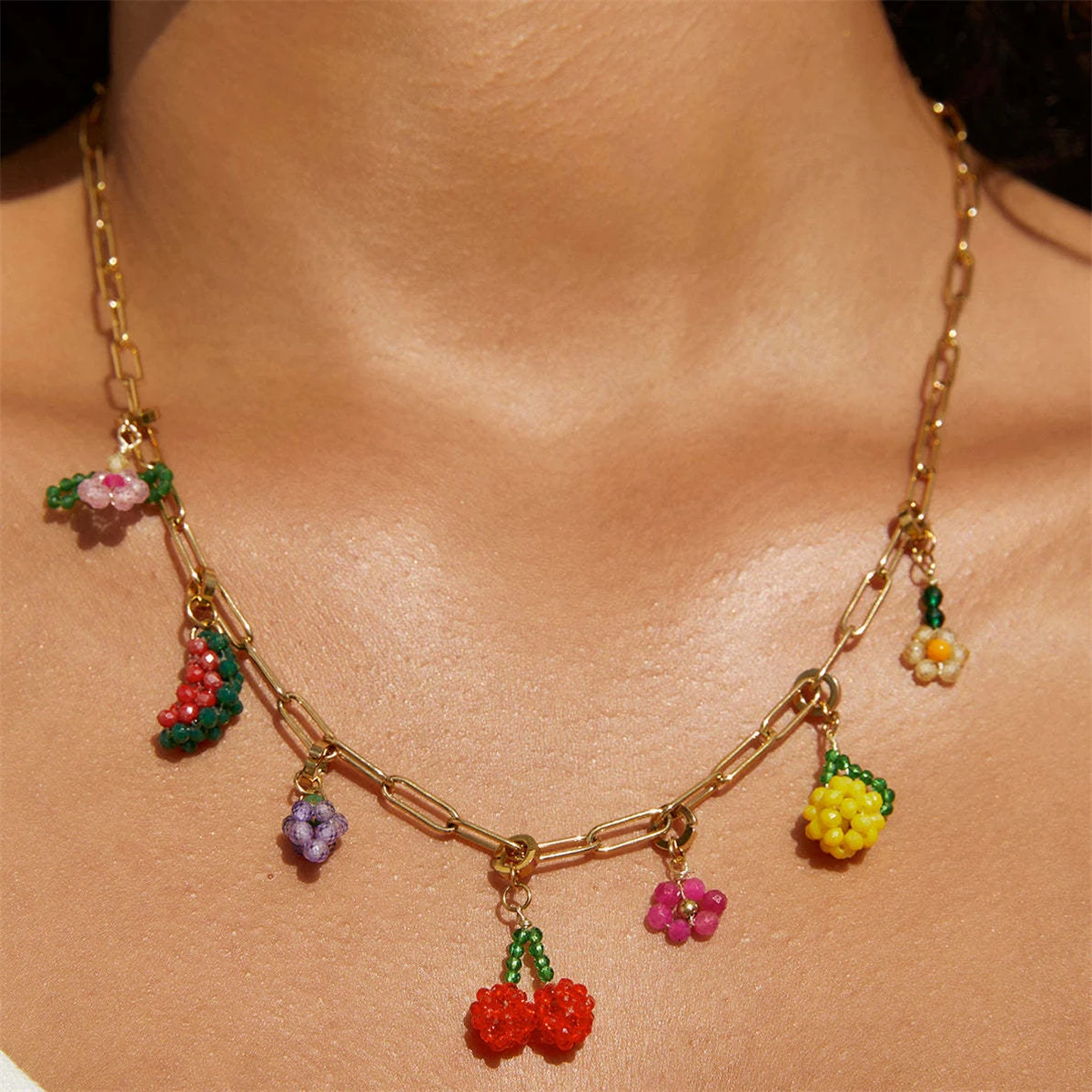 

Fruit Wind Watermelon Pendant Flower Colored Fruit Zircon Pendant Necklace Gold Plated Color Preserved