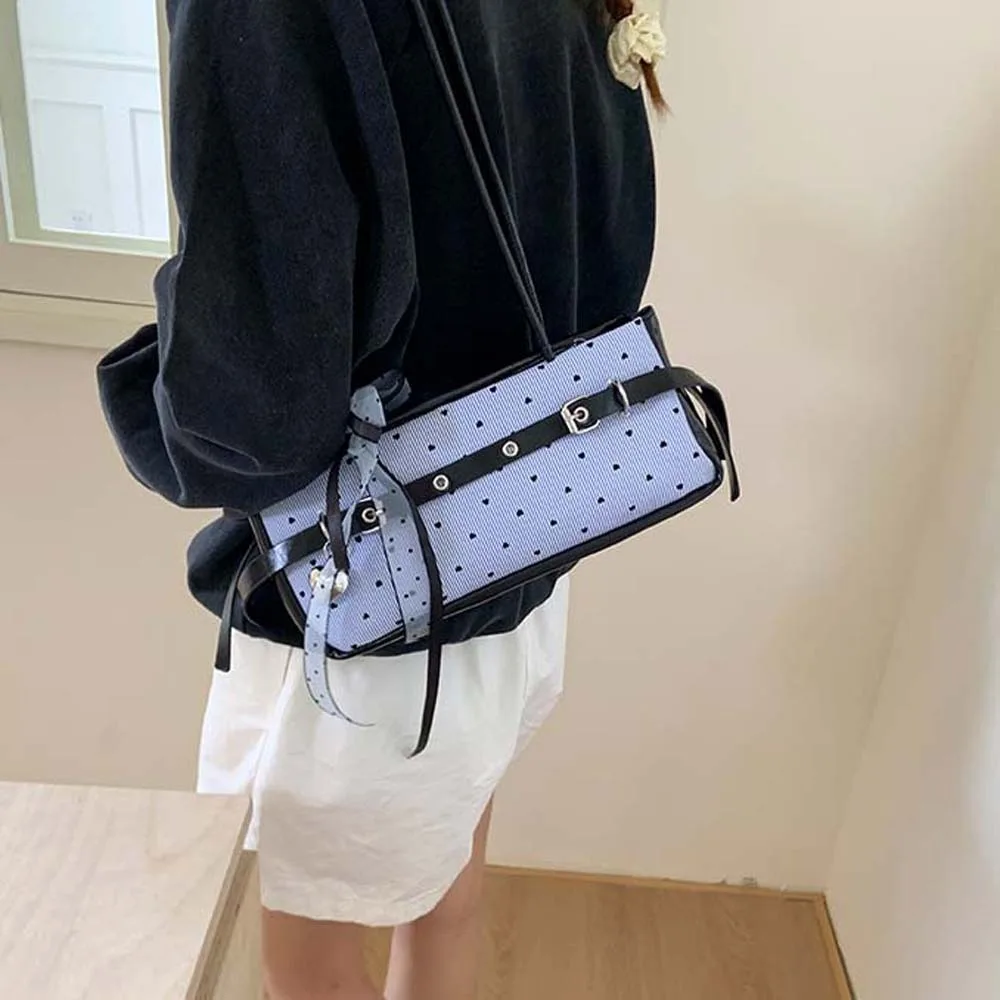 

All-match Sweet French Stick Handbag Bow Ribbon Lace Blue Shoulder Bag Canvas Large Capacity Stripe Heart Underarm Bags Work
