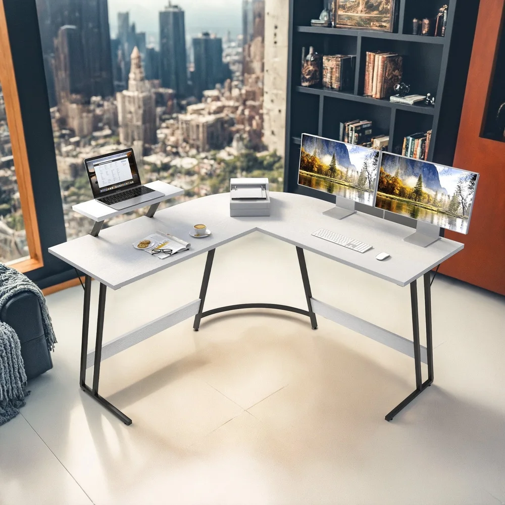 L Shaped Computer Desk Modern Corner Design with Movable Small Table Adjustable Feet Office Gaming Study Use