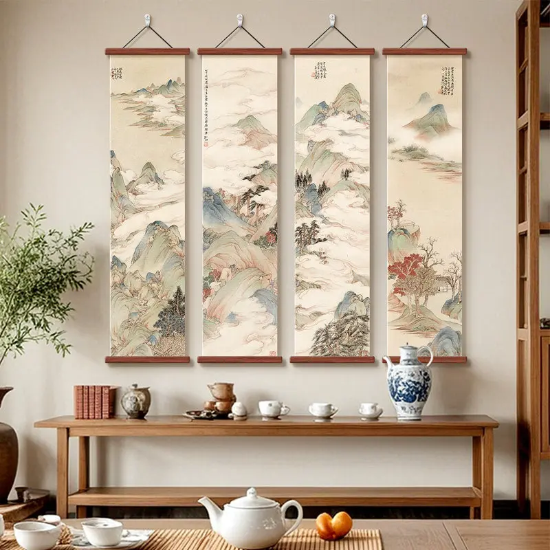 Chinese Style Scroll Painting, Cloud Wandering Mountain Water Landscape for Zen Tea Room & Study, Vertical Narrow Wall Art Decor