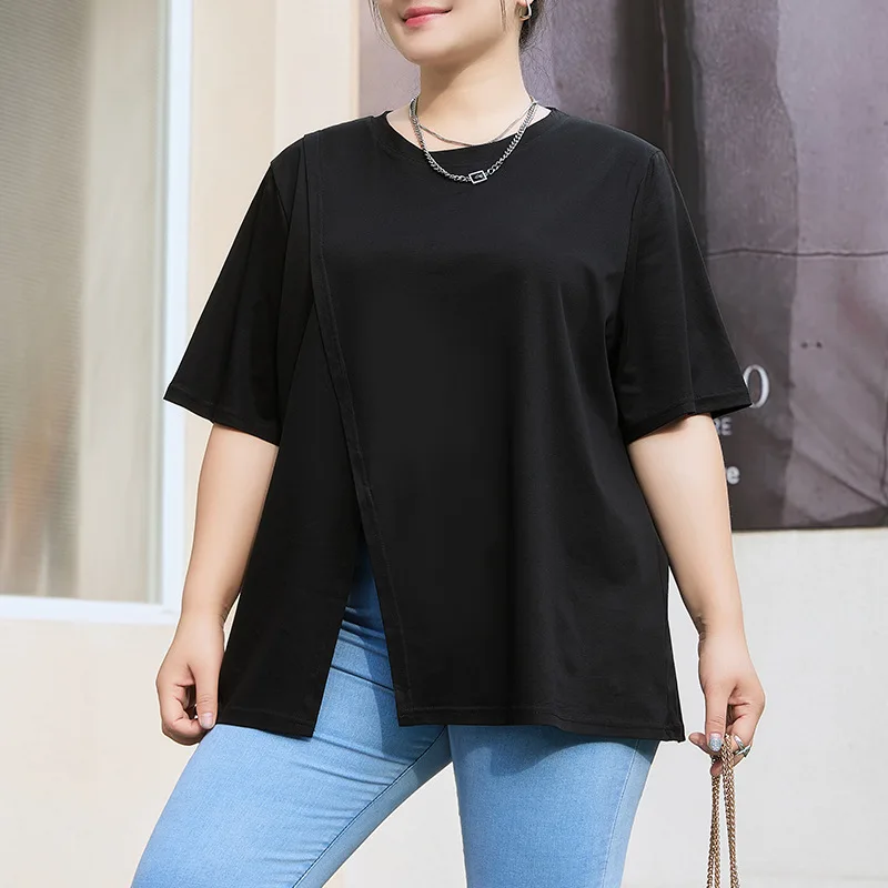 

Cotton Split Tshirt Women Plus Size 2024 Summer Short Sleeves Loose Casual Solid Female T-shirt Oversize Ladies Fashion Tops