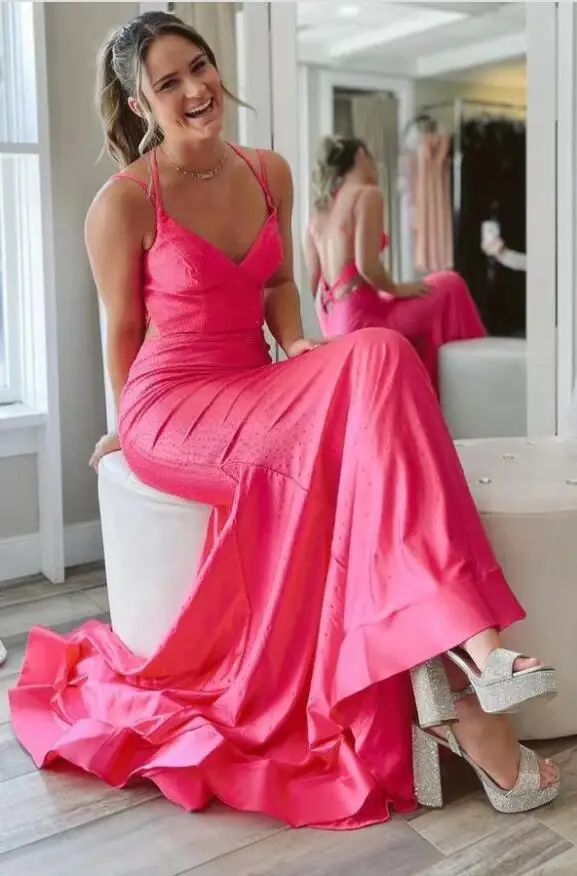 Hot Pink Evening Dress Double Spaghetti Straps Sweet Long Prom Dress for Formal Occasions