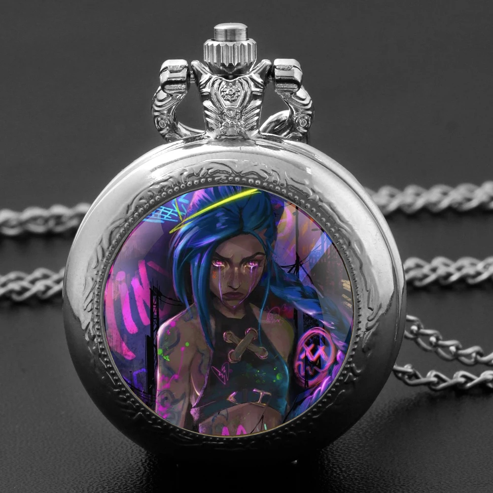 Fashion Silver Stainless Steel Arcane Jinx Design Glass Dome Quartz Pocket Watch Necklace Women Jewelry Pendant Chain