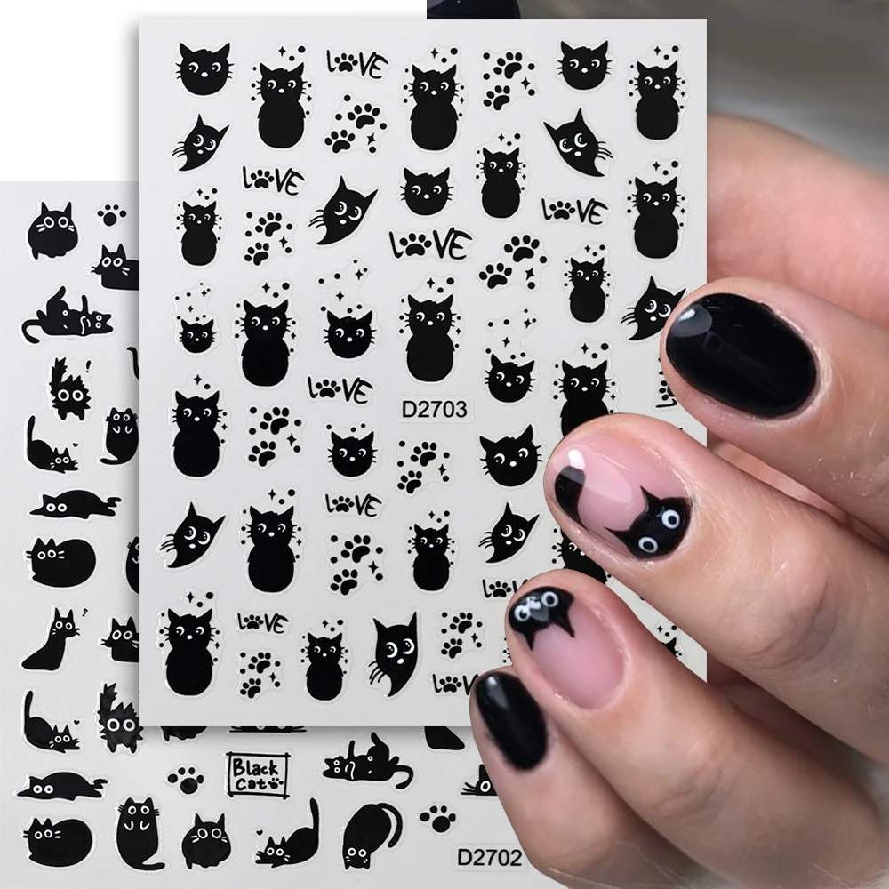 2pcs 5D Black Cat Nail Art Stickers Set Cartoon Fish Bones Frizzy Kitten Cute Nail Stickers Funny Expression Cat For Arylic Nail