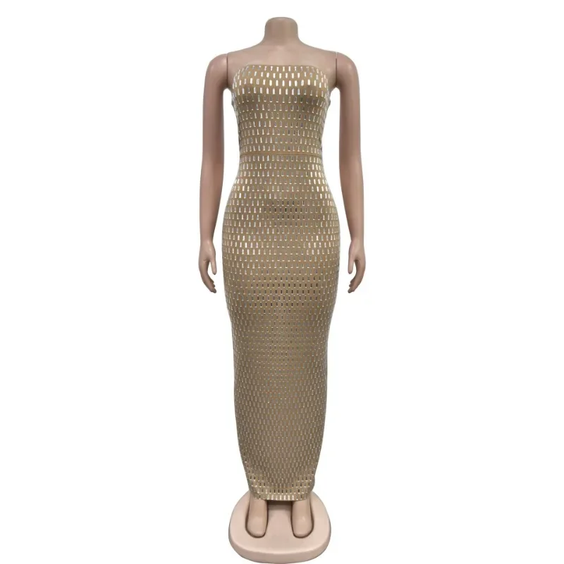 

KEXU Women Diamonds Hot Rhinestones Strapless Bodycon Maxi Dress Summer Evening Sexy Off Shoulder Night Party Club Dresses