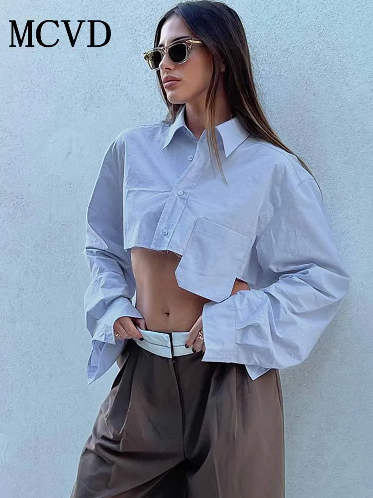 

MCDV Casual Solid Women‘s Lapel Shirt Irregular Long Sleeve Button Pockets Crop Top 2025 Autumn Chic Lady All-Match Street Tops