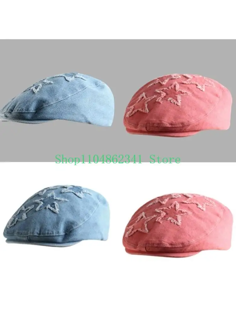 652F Newsboys Hat for Women Breathable Cabbie Hat Girl Five Pointed Star Flat Sun Hat Fashion Painter Hat Headwear
