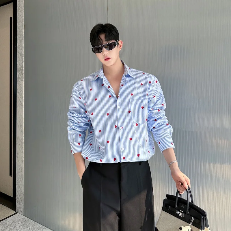 

Retro Heart Print Blue Striped Long Sve irt ex Spring Summer Faionable Stand Fit Youthful Sle Button Plaet