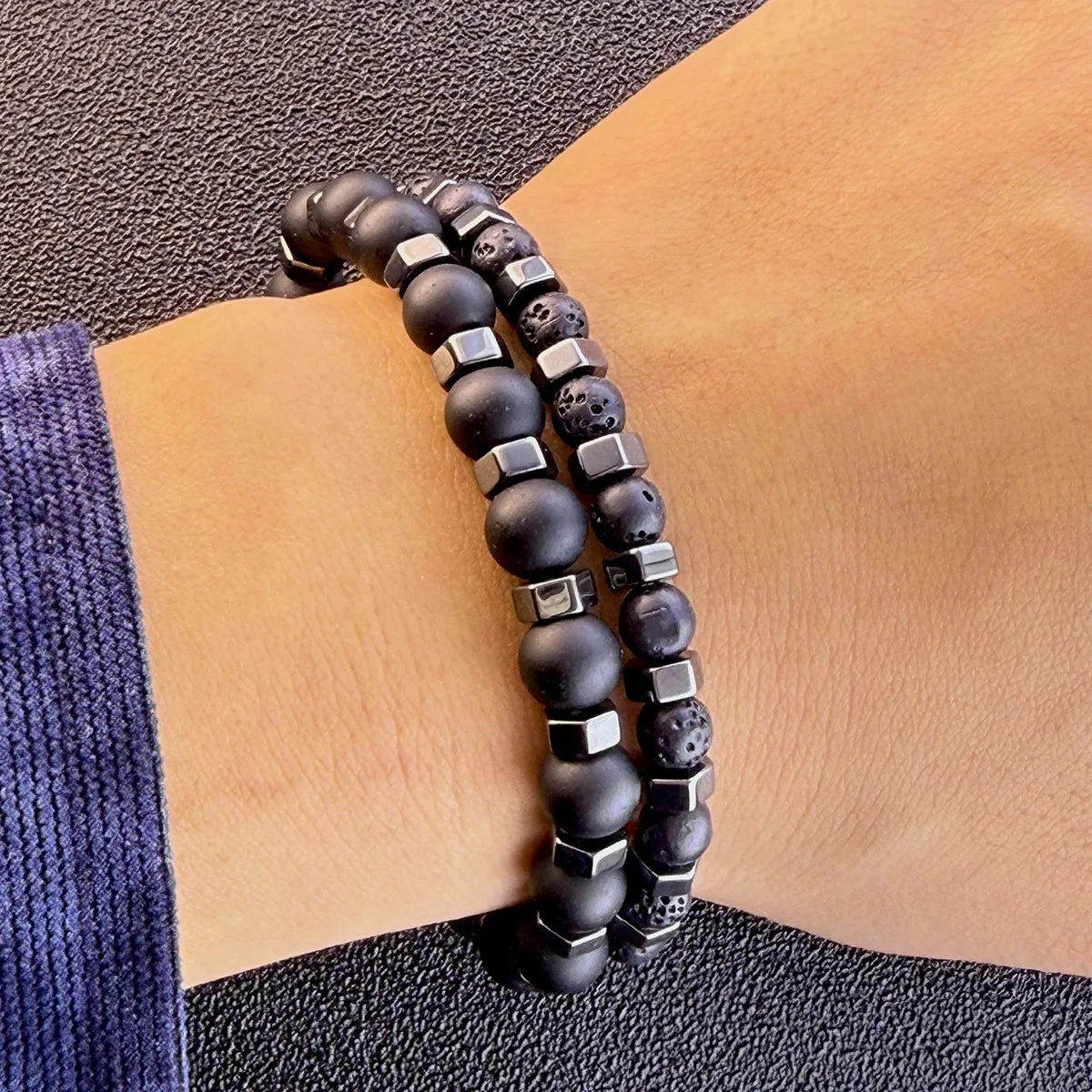 2pcs/set Beaded Bracelet Men Lava Stone Agate Tiger Eye Bead Charm Men Women Bracelet Sets Jewelry Best Gifts Pulsera Hombre