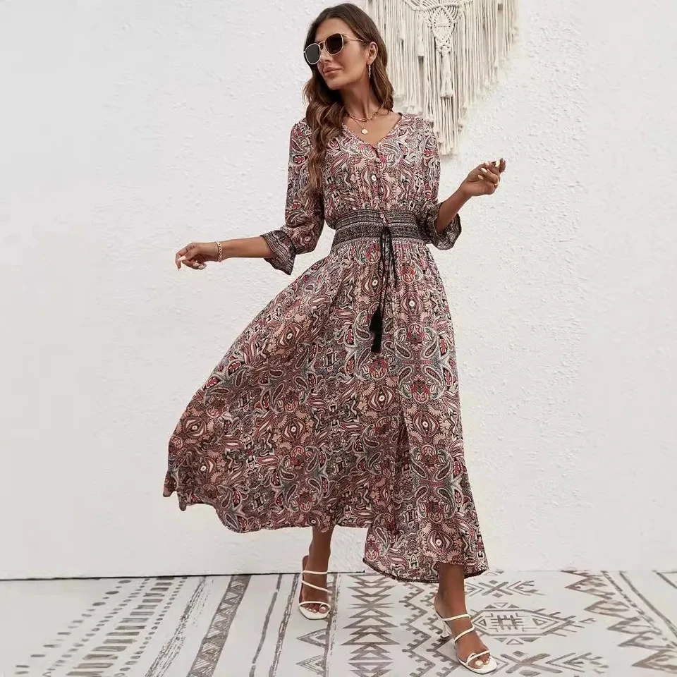

Robe Longue Femmes Bohemian Fashion Printed Resort Belted Three-quarter Sleeve Beach Dress Women's V-Neck Slit Hem A-Line Skirt