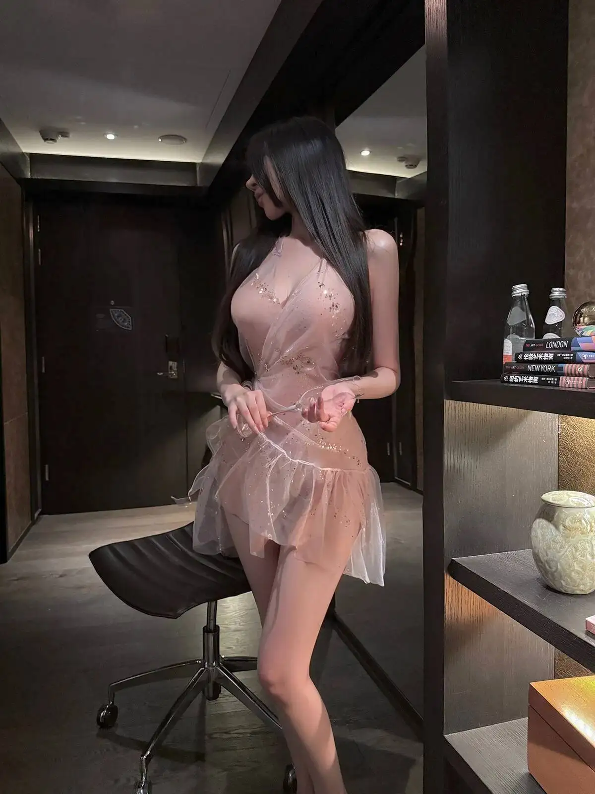 Sexy halternek pure lichtgewicht fee transparante mesh jurk elegante gegolfde kanten pailletten zachte gaas jurk charmante zoete AIG8