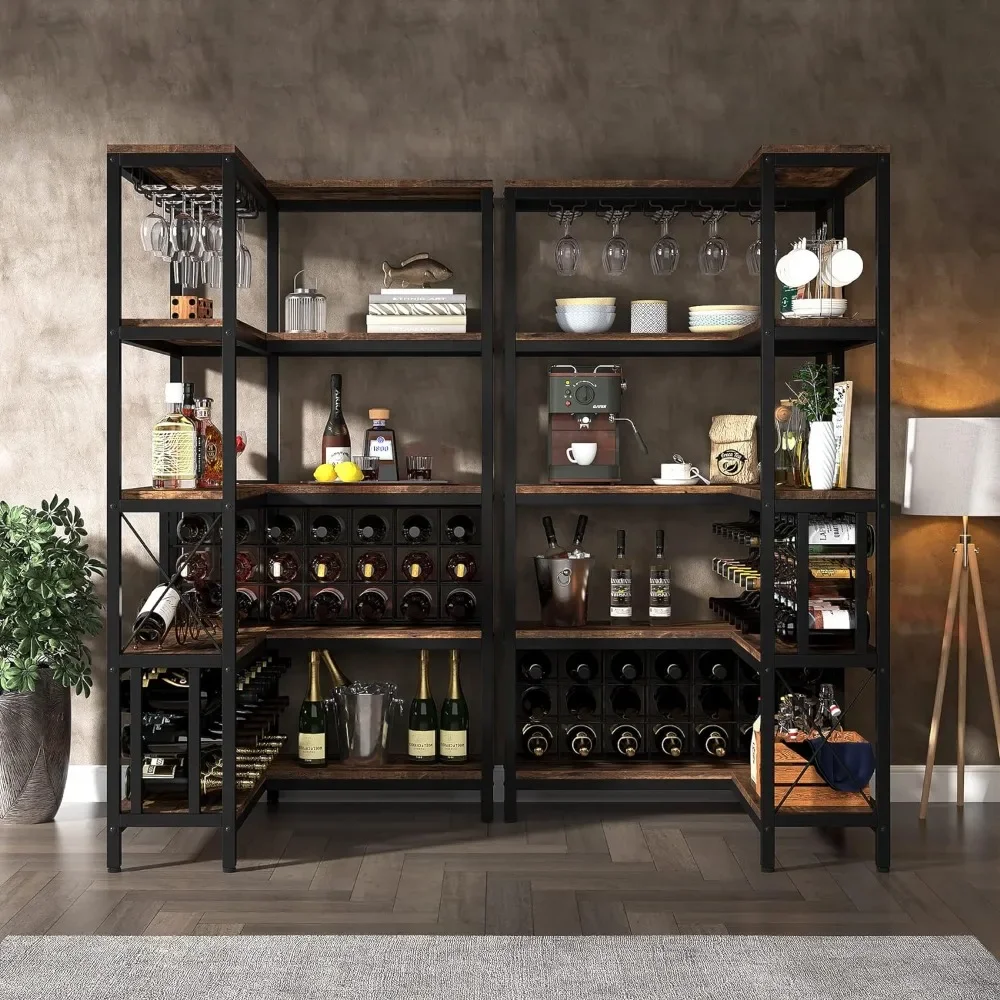 Large Corner Wine Rack, Industrial Floor Bar Cabinet, Liquor e óculos de armazenamento para casa cozinha, marrom rústico, L Shaped, 5 camadas