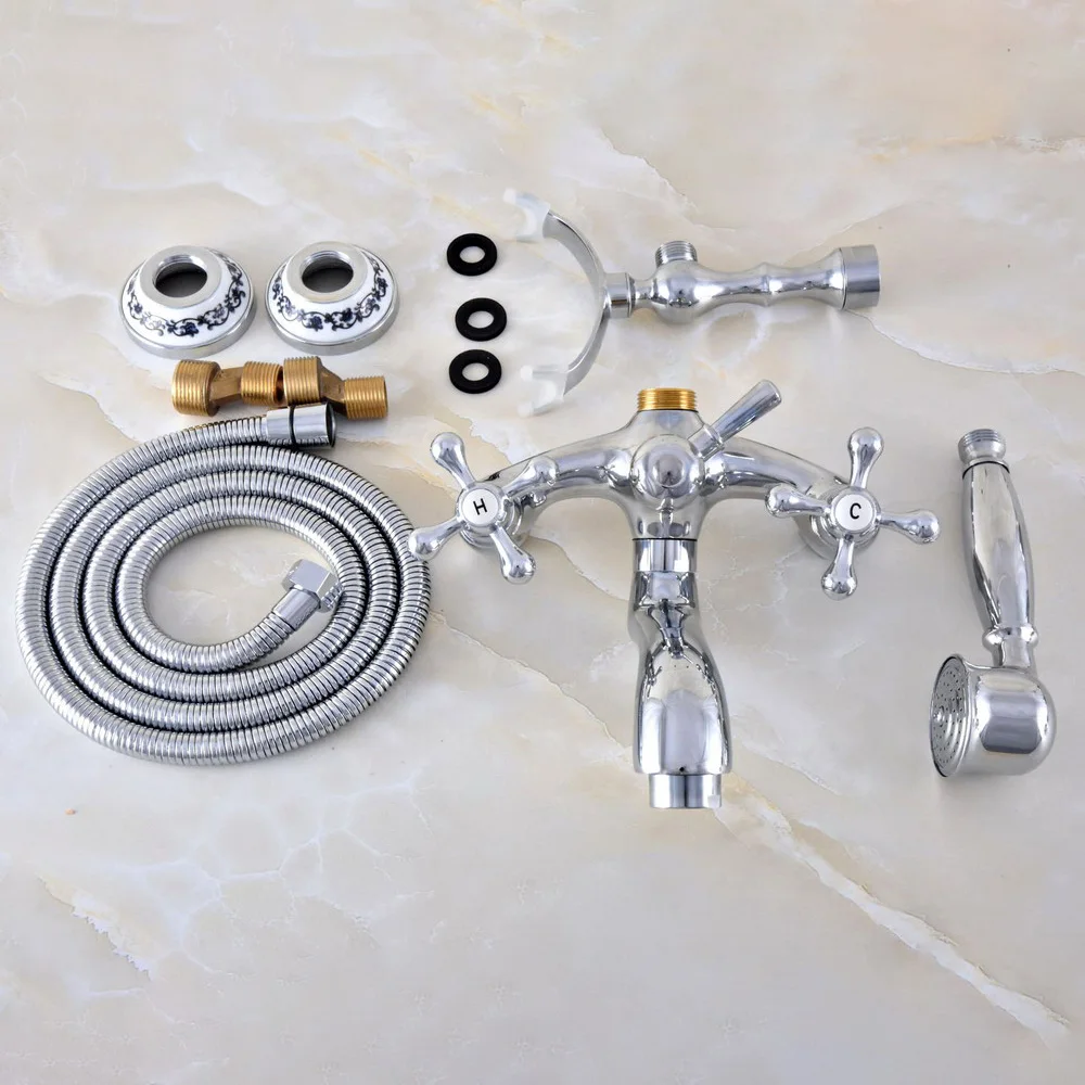 Polished Chrome Brass Wall Mounted Bathroom Tub Faucet Set WITH/ 1.5M Handheld Shower Spray Head Mixer Tap Dtf814