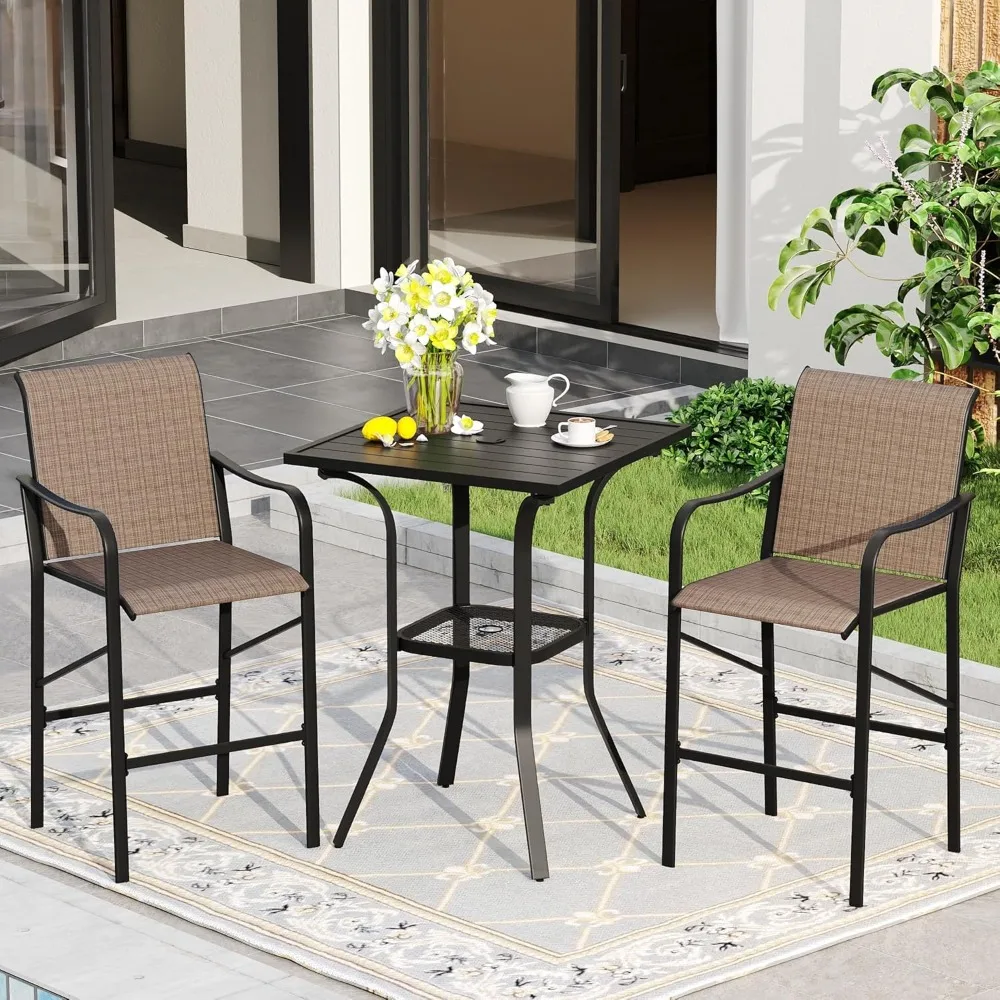 

3 Pieces Patio Bar Set for 2, 28" Black Square Metal High Top Table and 2 Brown Textilene Bar Stools with Curved Armrests for L