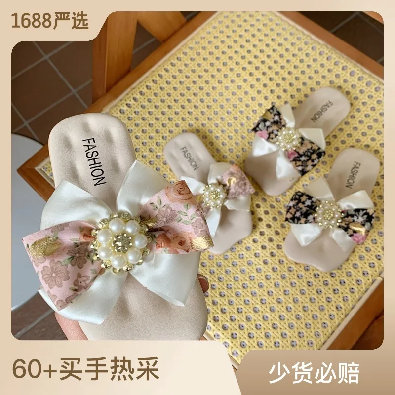 Girls Satin Bow Kids Versatile Slippers 2026 Summer New  Simple Korean Kids Fashion Flat-bottomed Flip-flops Beach Shoes