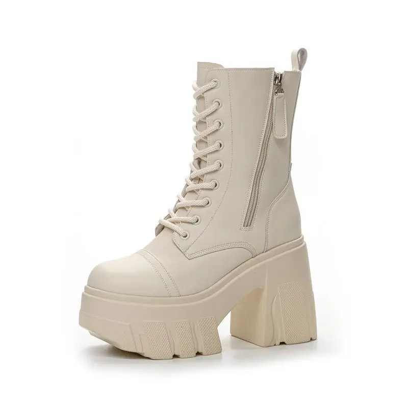 11cm Princess-Style Platform Thick Sole Boots Petite Women Chunky High Heels, Elevator Leather Boots with Super High Heel Design