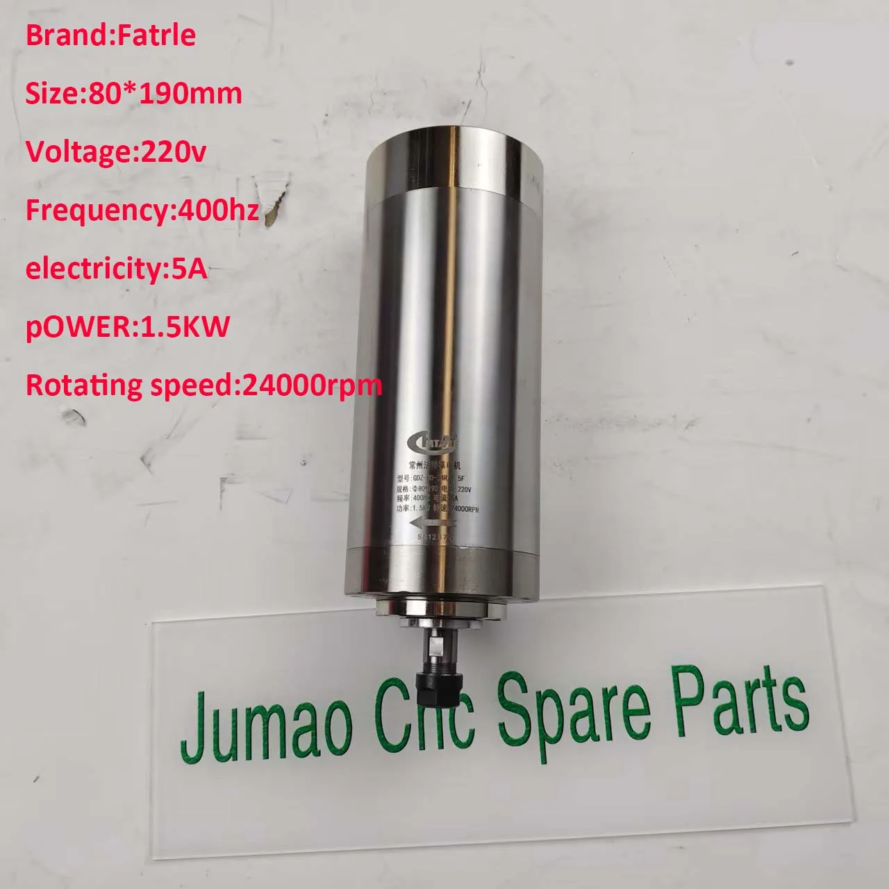 

Шпиндель Fartle gdz-80-24R/1.5F 80*190 мм, напряжение 220В/380В, частота: 400 Гц, мощность: 1.5 кВт, с водяным охлаждением, для фрезерного станка с ЧПУ по дереву.