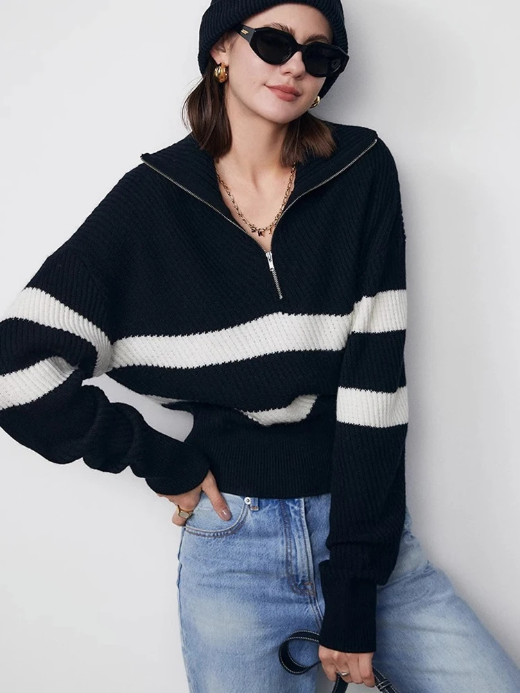 

Comfortable Soft Long Sve Zipper Sweater Women's Knitwear Autumn Slimming Striped Turtlene Casual Commute Sle Woolen Top