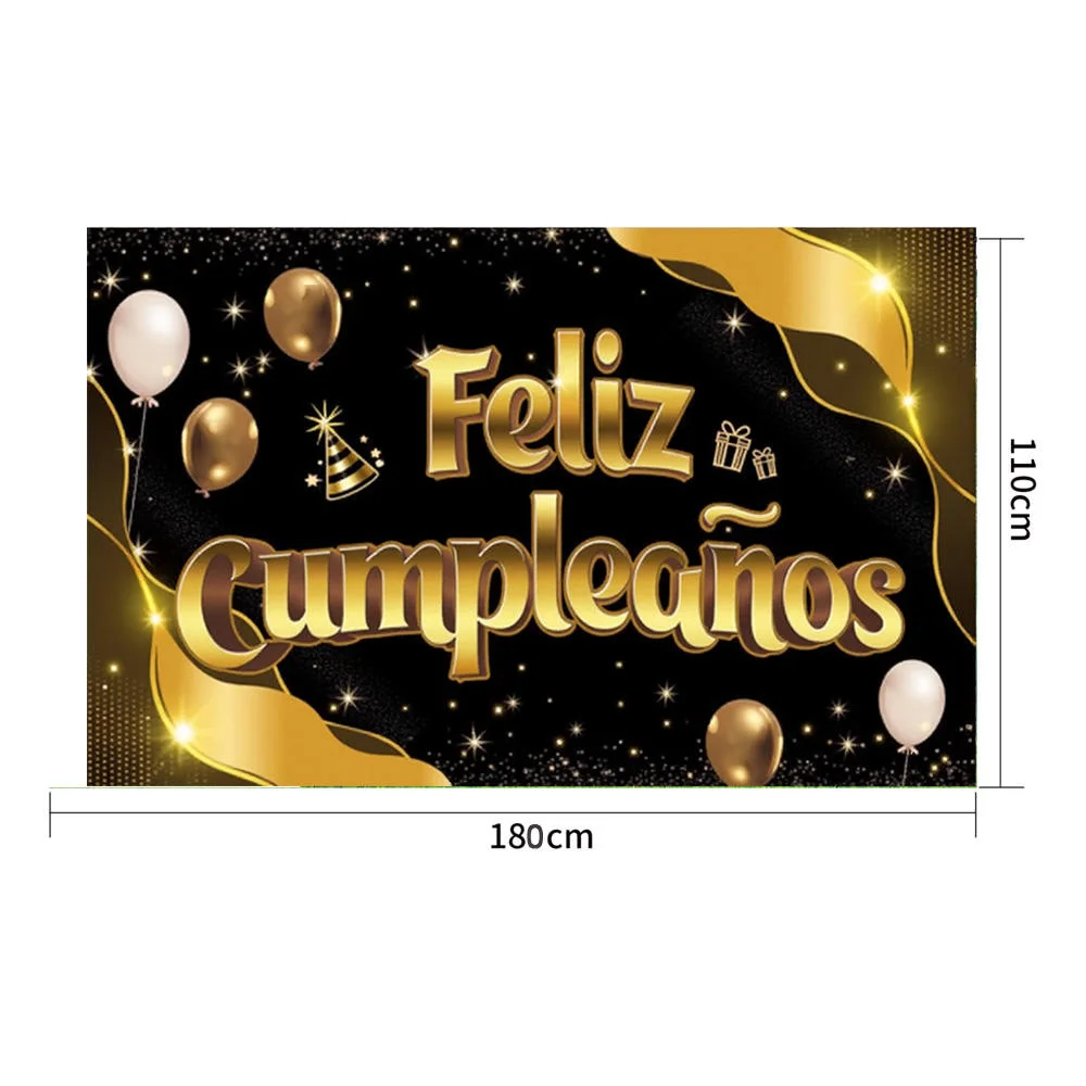 Feliz cumpleaños Spanish Birthday Background Black Gold Balloons Birthday Party Scene Decoration Banner Adult Photo Backdrops