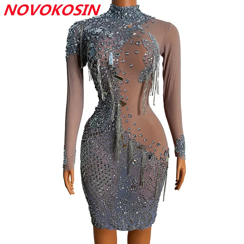 Customize Long Sleeves Sexy See Through Cocktail Dresses High Neck Beaded Crystal Prom Gowns Illusion Short Formal Evening Dress