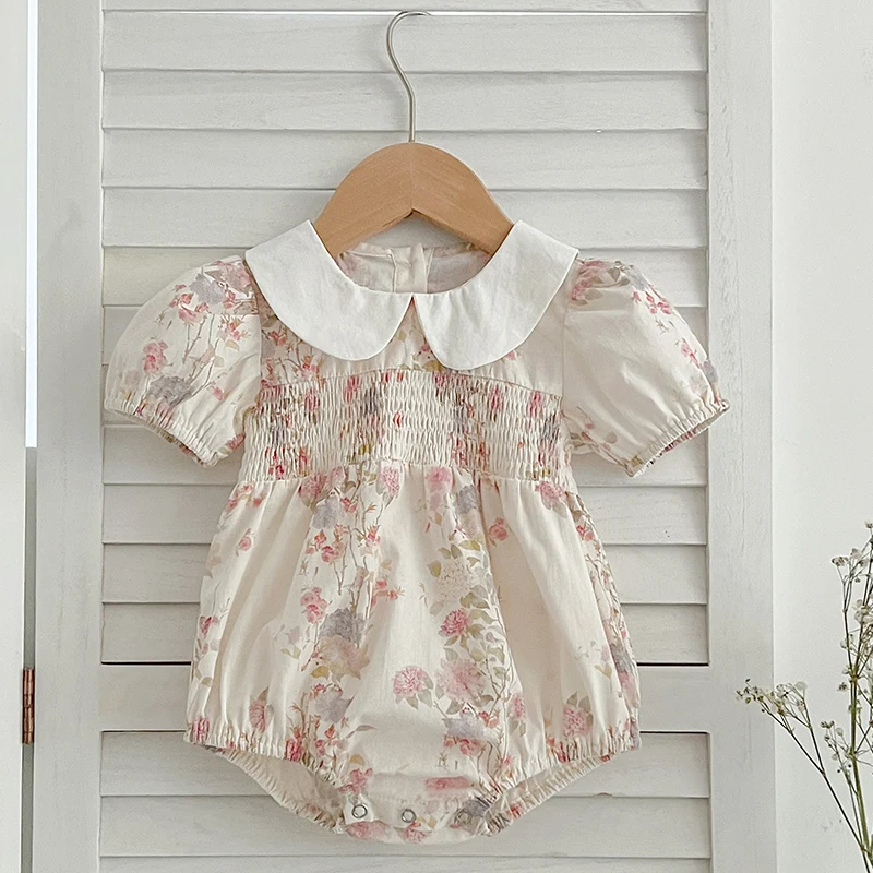 

2024 New Summer 0-24M Children Clothes Infant Baby Girls Bodysuits Short Sleeved Cotton Floral Print Toddler Baby Girls Jumpsuit