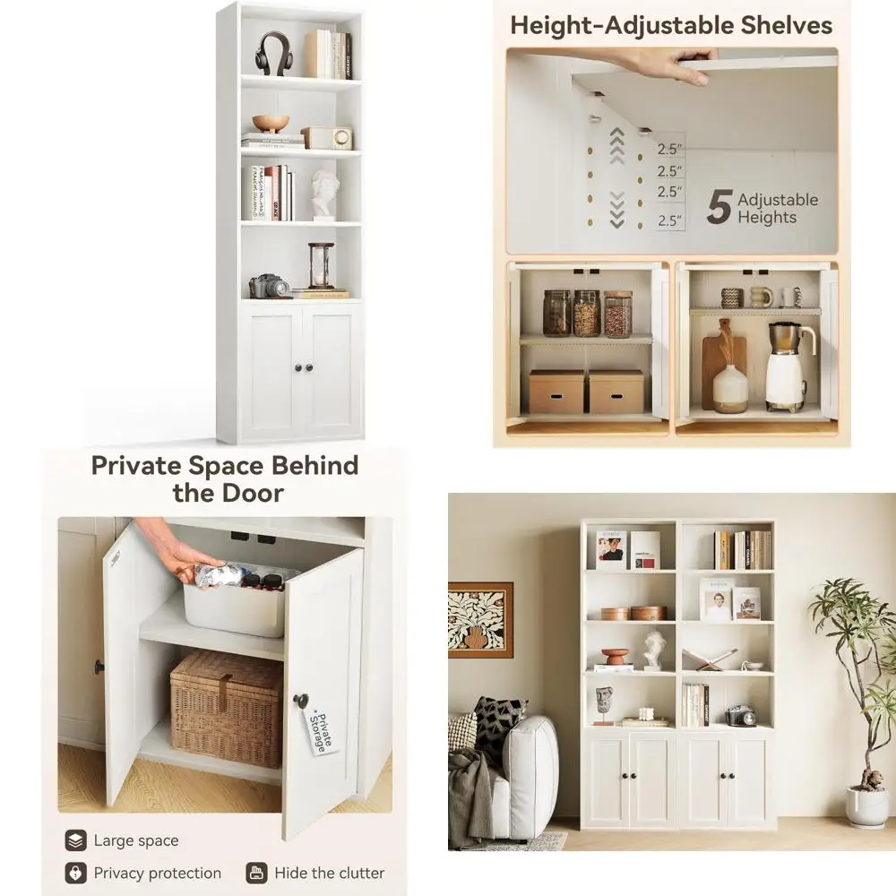 Floor Standing 6-Tier Tall Bookcases with Doors, Storage Shelves for Home Office and Living Room Display