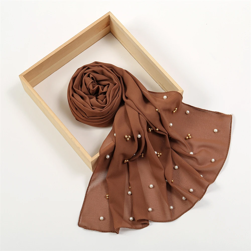 New Plain Chiffon Muslim Hijab Shawls With Pearls Scarves For Women Solid Color Headscarf Wraps Islam Headband Turbans Foulard