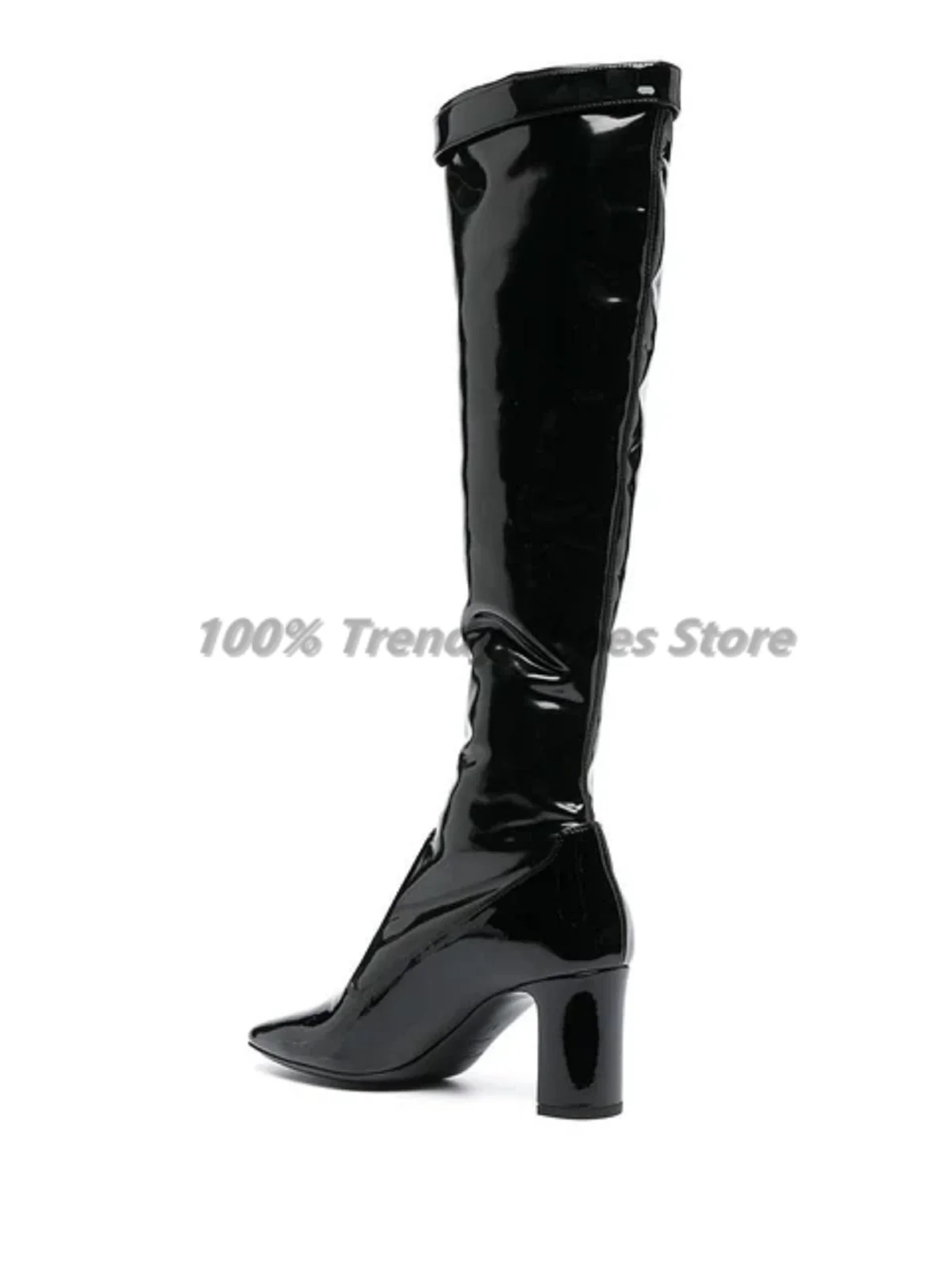 

New Short Boots With a High-end Feel French Black Shiny Leather Side Zipper Thick Heel High Heels Round Toe Long Tube Boot