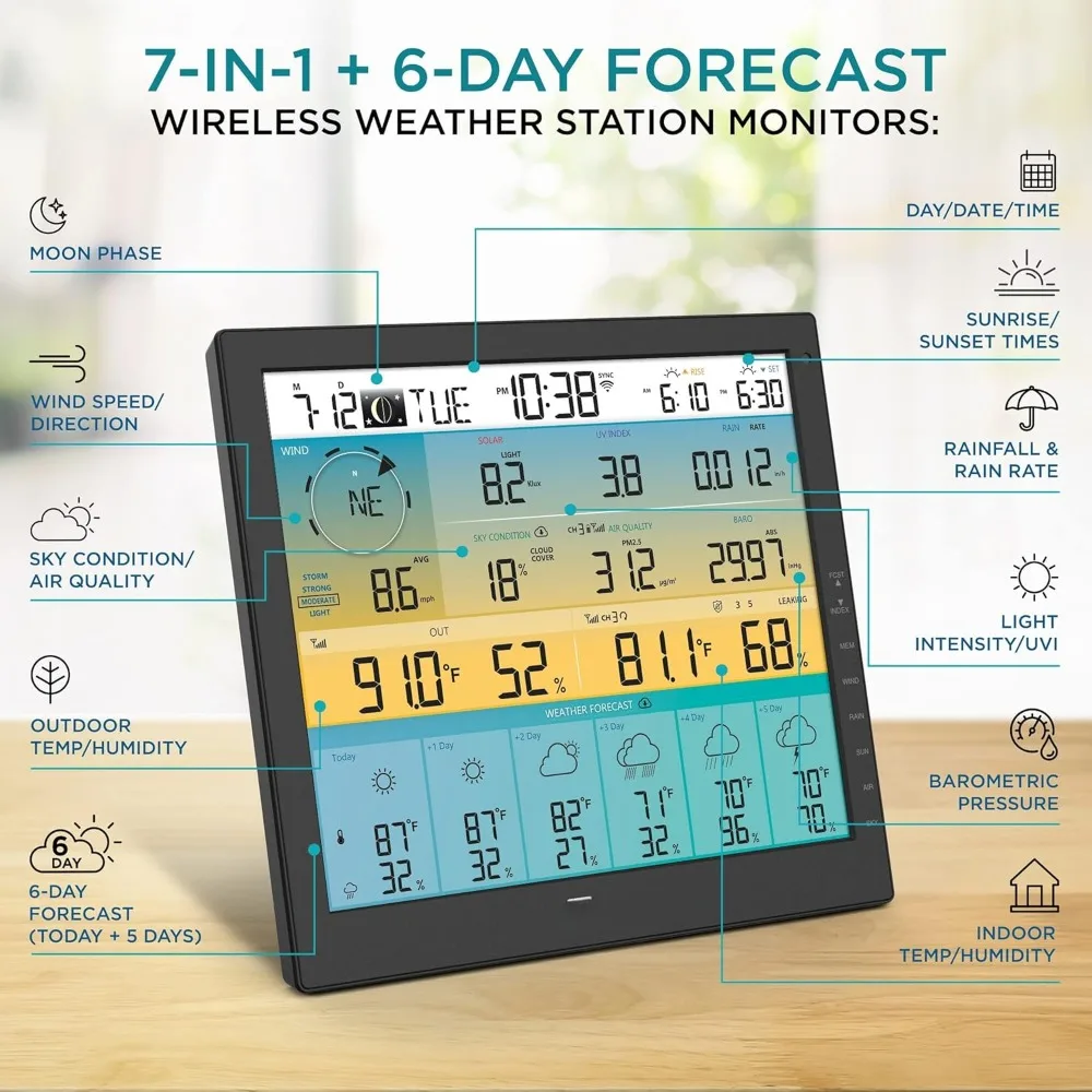 7-in-1 solar sensor array, 6-day forecast, Wi-Fi, large 10-inch color display, wind speed/direction, rainfall