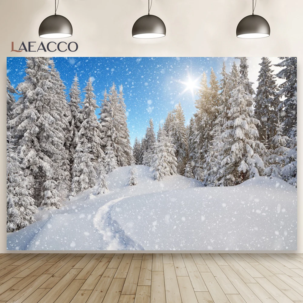 Laeacco-Fondo de vinilo para estudio fotográfico, telón de invierno con cielo azul, nieve, montañas, pino, árbol, nieve, bosque