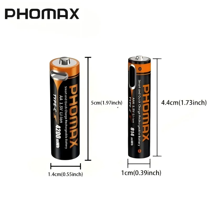 

PHOMAX Rechargeable Lithium Battery 1.5V AA&AAA 4200mWh/814mWh High Capacity with LED Indicator And C-Type Charging Cable+box