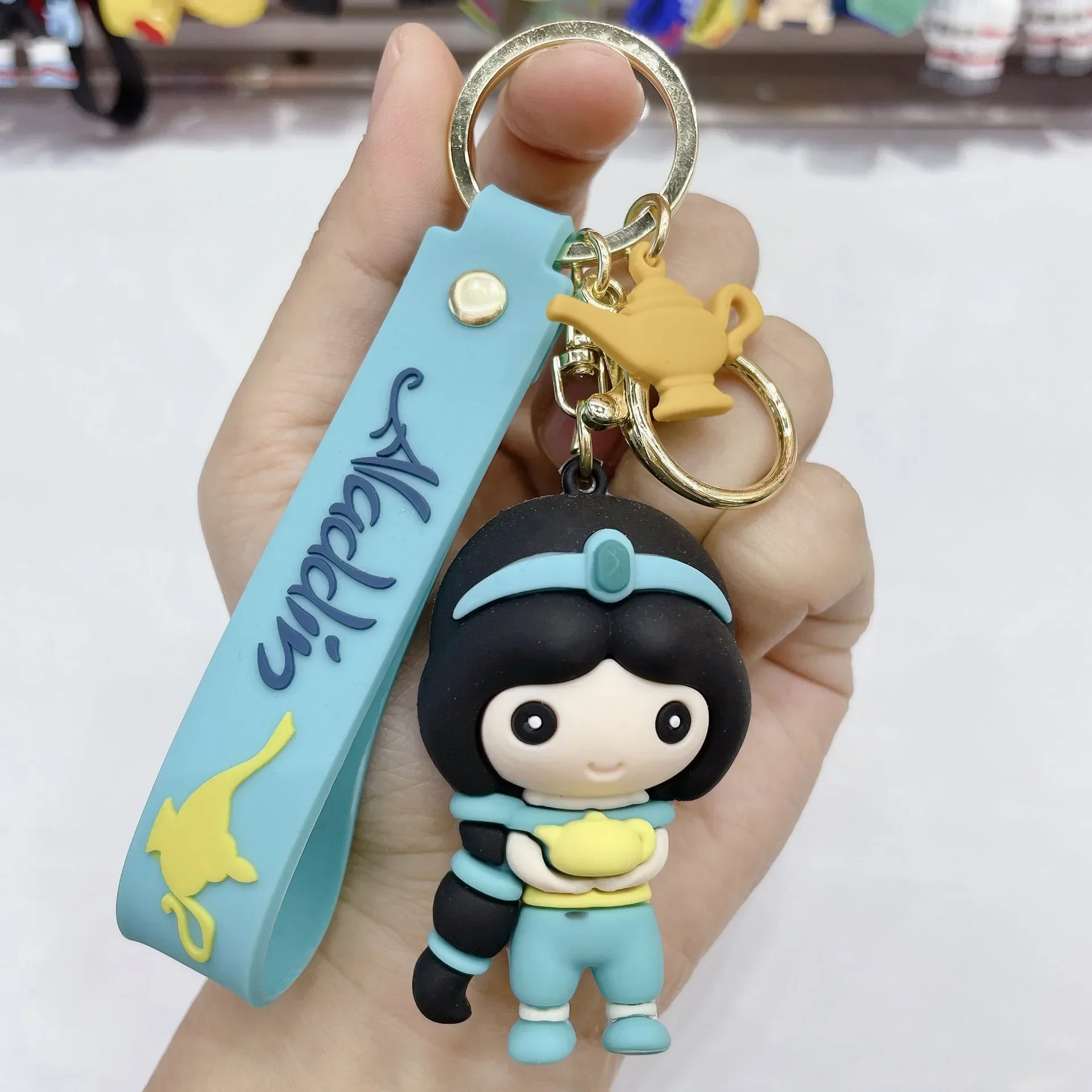 Disney Cartoon Movie Aladdin Figure Pendant Keychain Lovely Jasmine Princess Genie Keyring for Women Men Kids Fans Accessories