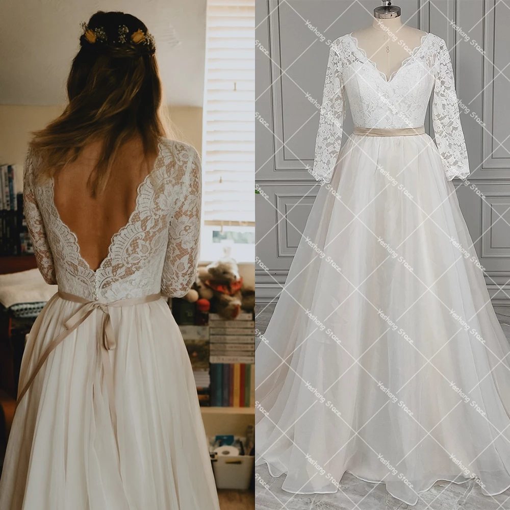 V-Ausschnitt, gewellte Spitze, A-Linie, Chiffon-Hochzeitskleid, Drop Ship, Dreiviertelärmel, rückenfrei, Boho, rustikale Hinterhof-Brautkleider