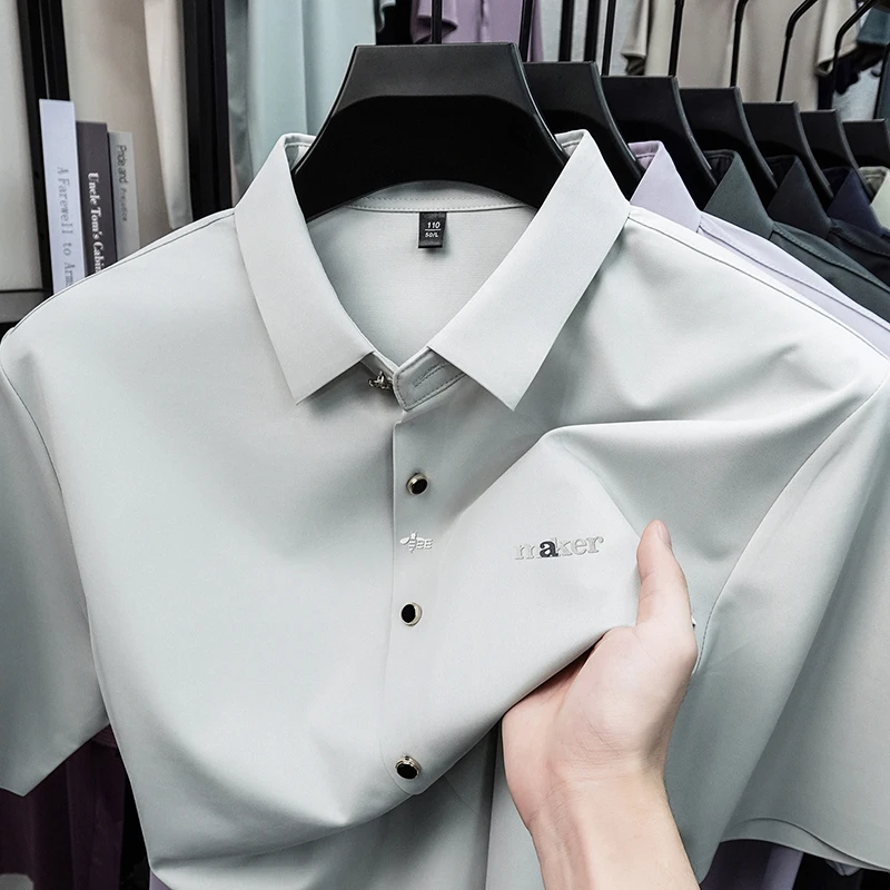 Fashion brand men's short sleeve shirt high-quality letter embossed ice silk breathable new luxury business casual summer top