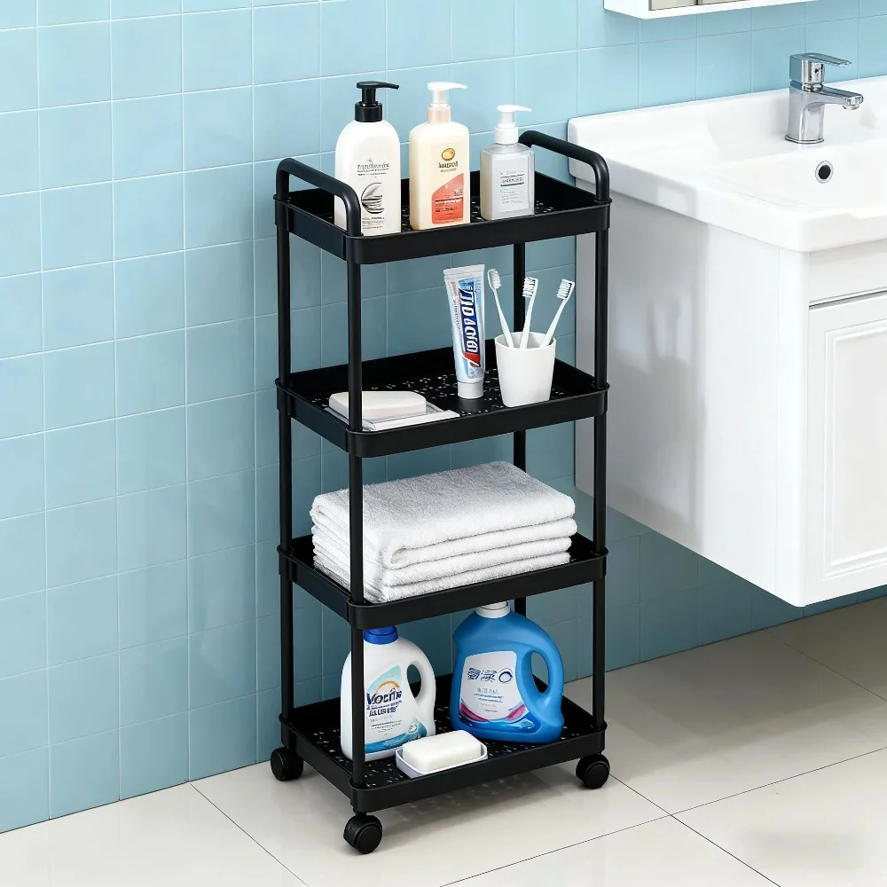 Multi layer multi-purpose storage cart pull rod bathroom kitchen bedroom living room narrow plastic shelf portable function