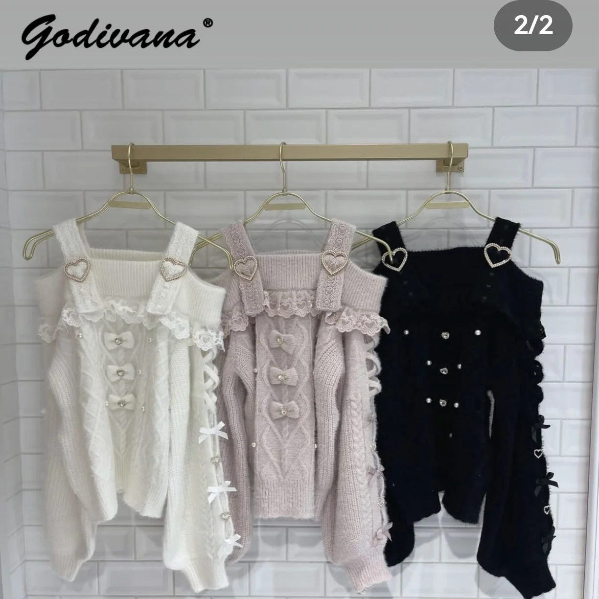 2025 الخريف والشتاء غامض حجر الراين القلب زر القوس محبوك سترة اليابانية ليز الحلو حمالة البلوز البلوزات #4