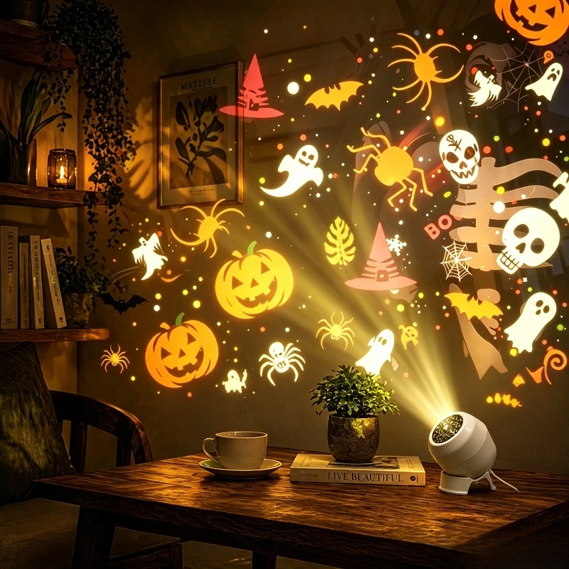 Halloween Dynamic Projection Light USB-powered 360-degree Atmosphere Pattern Rotation Christmas Decor Night Light Holiday Gift