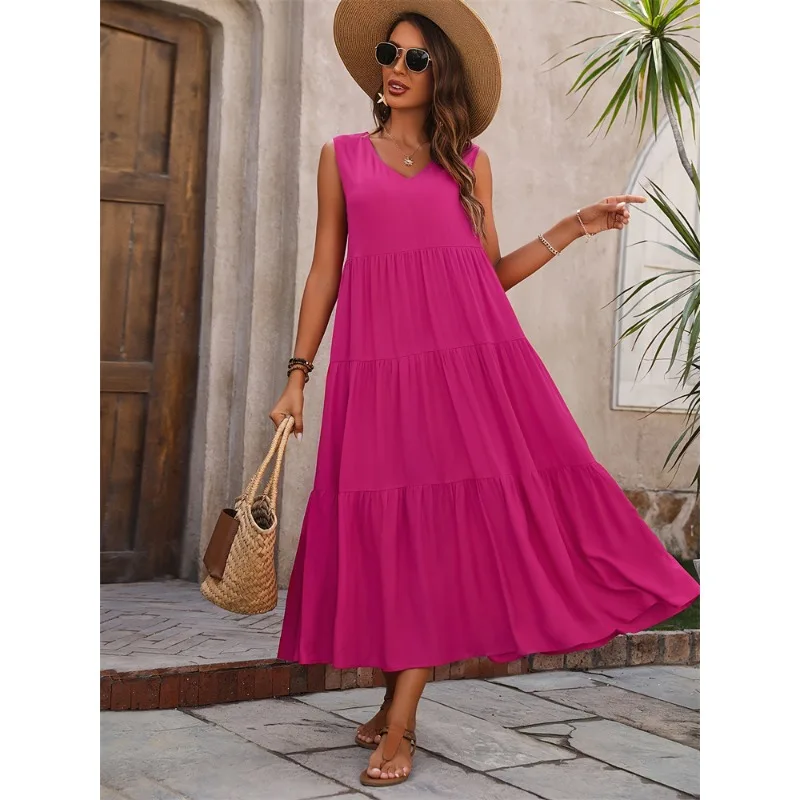 Saia feminina 2025 nova elegante férias cor sólida com decote em v em camadas emenda hem vestido solto bolo saia elegante temperamento conforto