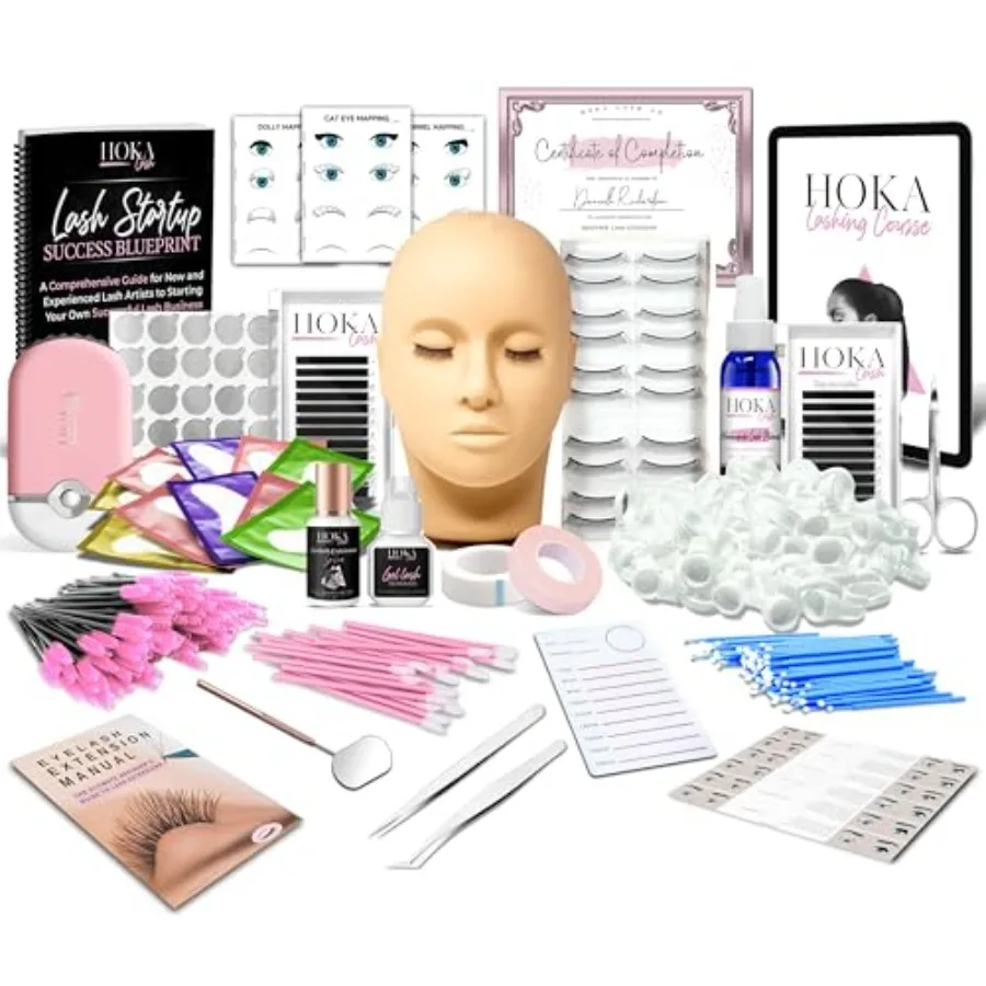 

Professional Lash Extension Kit and Training Course for Beginners with Practice Mannequin Head Lash Trays Adhesive Tweezers Fan